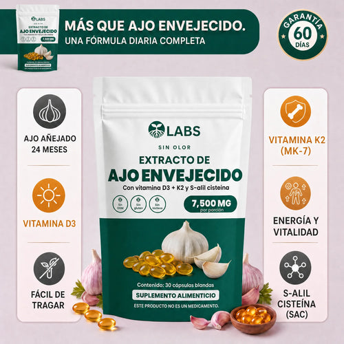 Extracto de Ajo Envejecido Raíces Labs 7500 mg: ajo añejado 24 meses, vitaminas D3 y K2 y S-alil cisteína