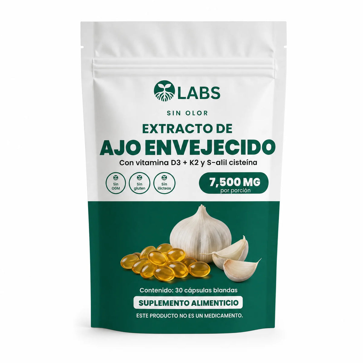 Bolsa de Extracto de Ajo Envejecido Raíces Labs, 30 cápsulas blandas sin olor