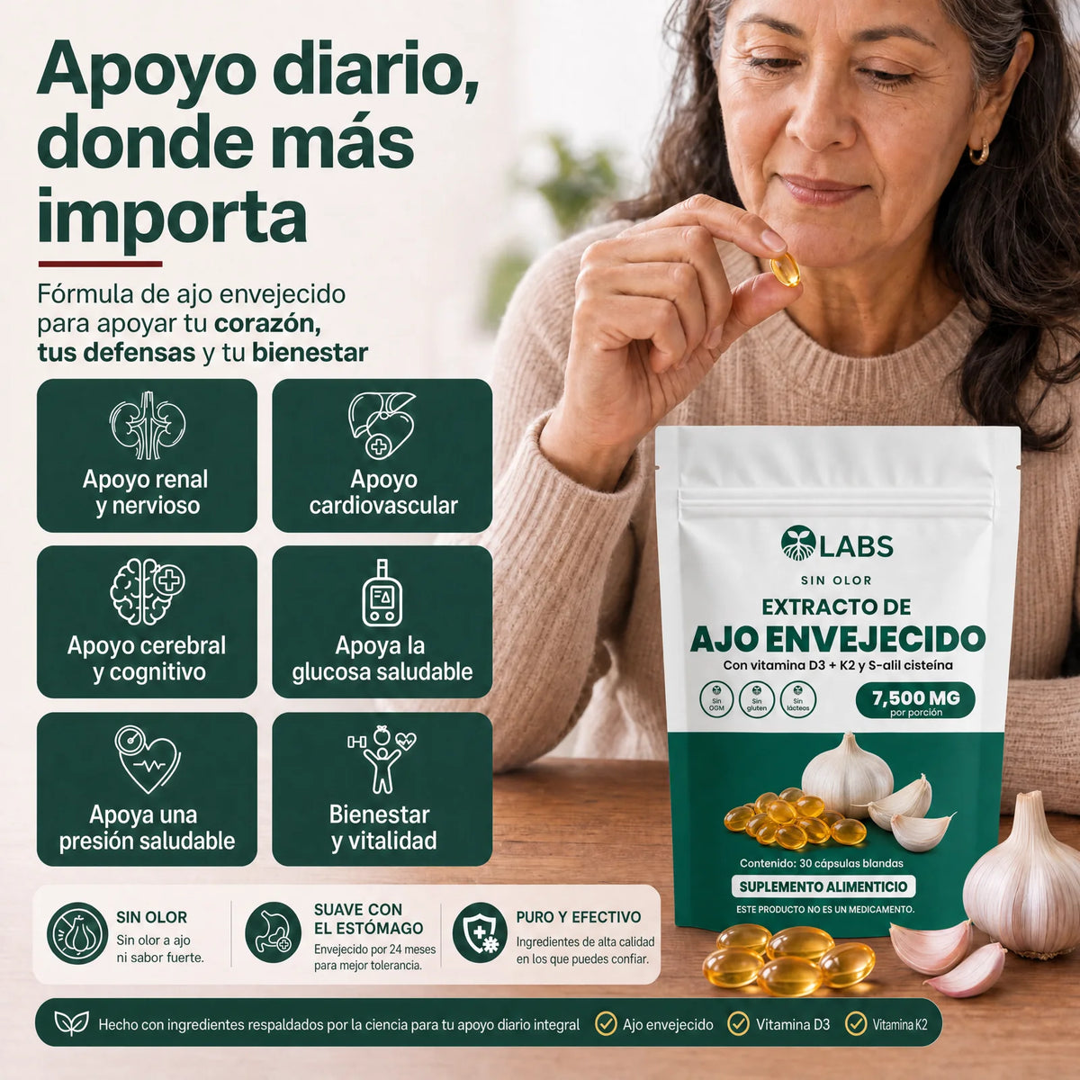 Apoyo diario con ajo envejecido: corazón, defensas y bienestar