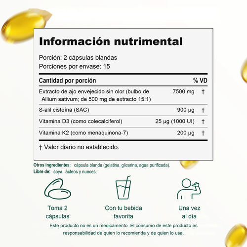 Información nutrimental del Extracto de Ajo Envejecido Raíces Labs