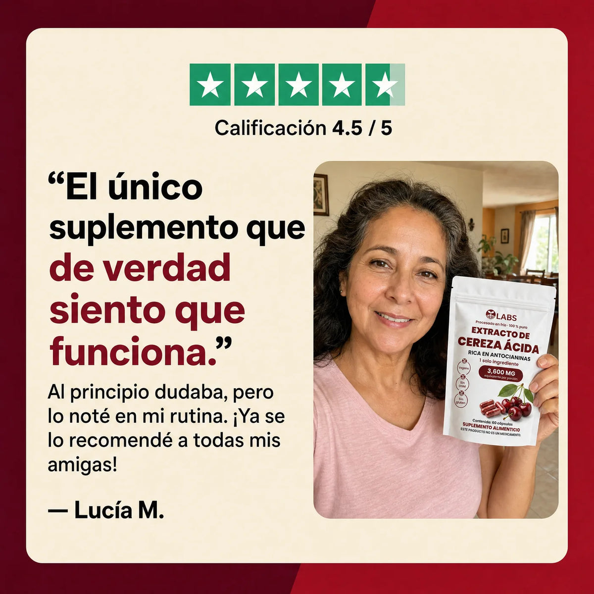 Opinión de una clienta con su bolsa de Raíces Labs