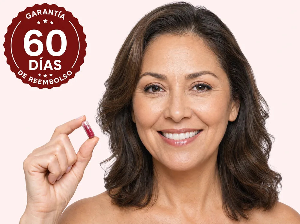 Mujer sonriente con una cápsula de cereza ácida y el sello de garantía de 60 días